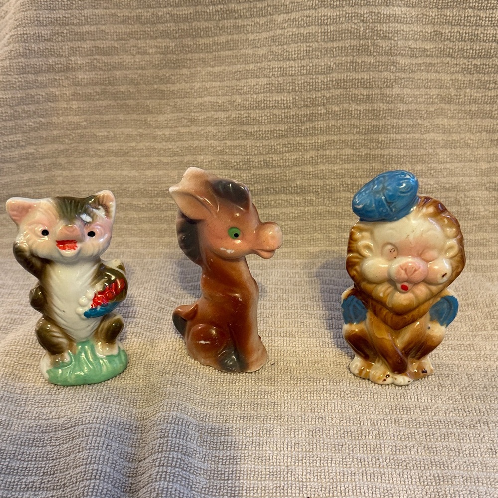 Colorful vintage porcelain Animal Figurines Set. Made in china lion donkey bear